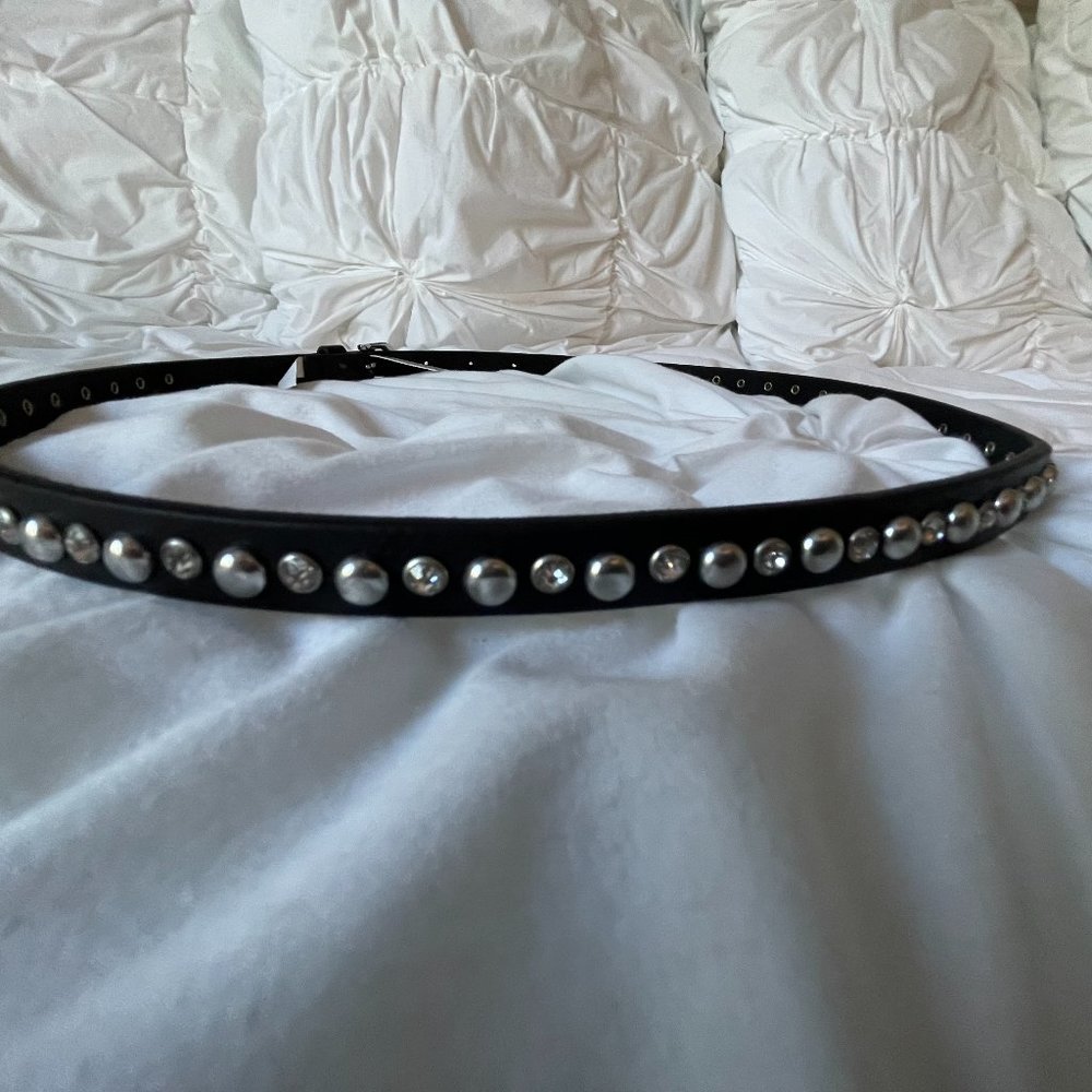 White House Black Market Black Leather Belt w/Silver and Rhinestone Studs